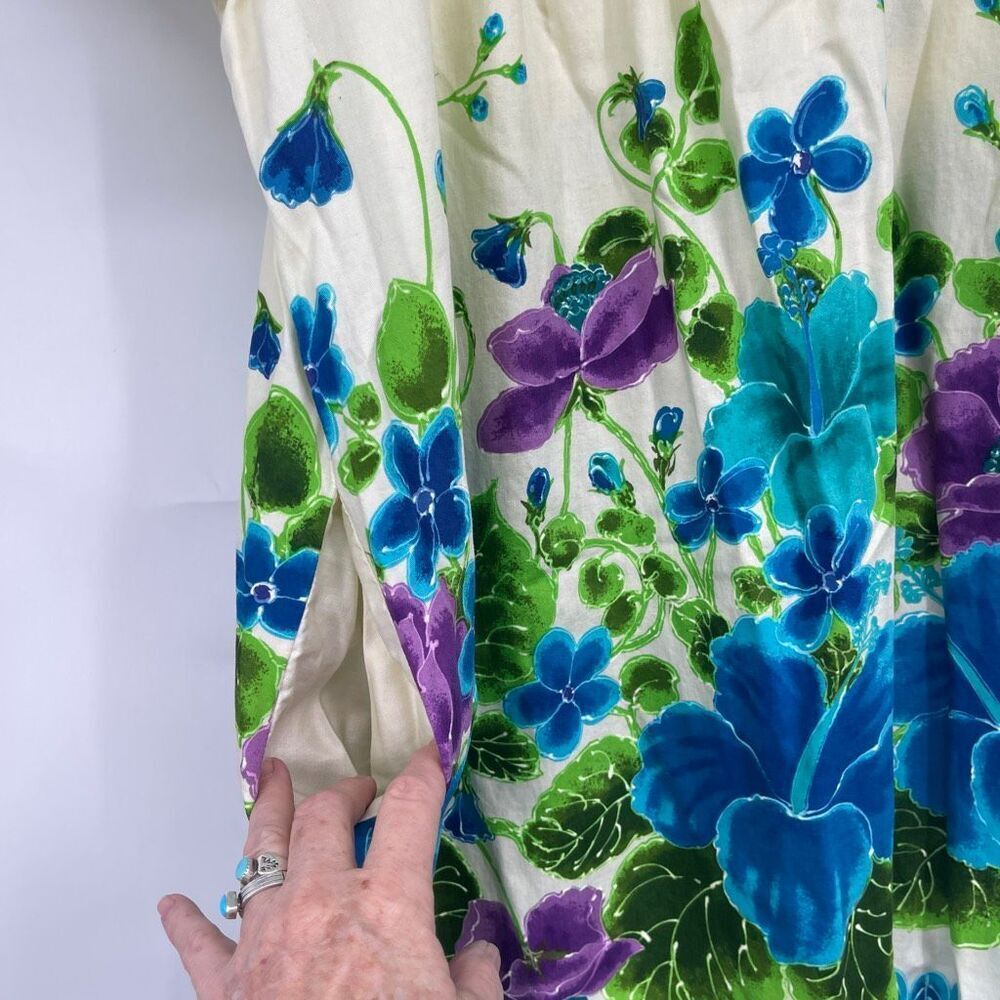 Vtg 60s Hawaii UI MAIKAI Hawaiian Floral Cotton Polynesian Party Caftan DRESS Sz - Picture 5 of 8